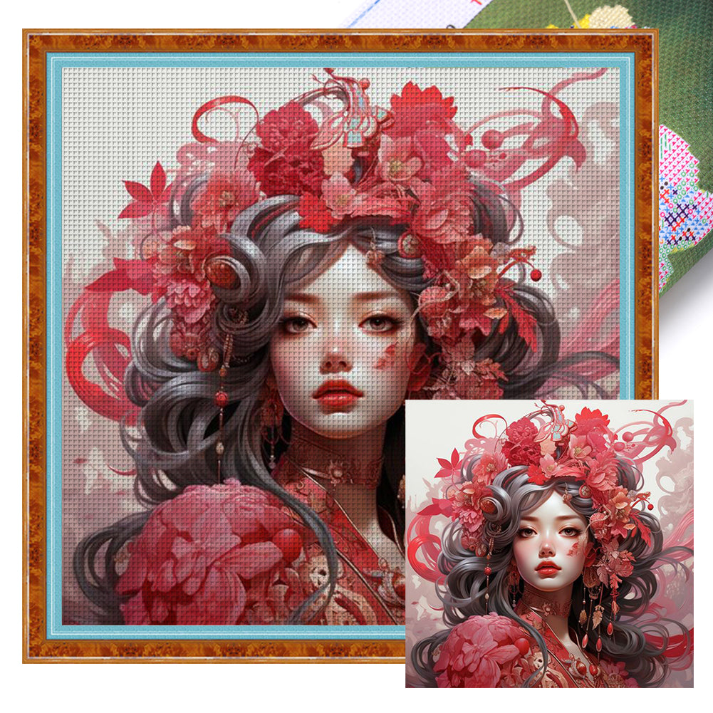 Ancient Style Red Flower Woman - 11CT Stamped Cross Stitch 50*50CM(Joy Sunday)