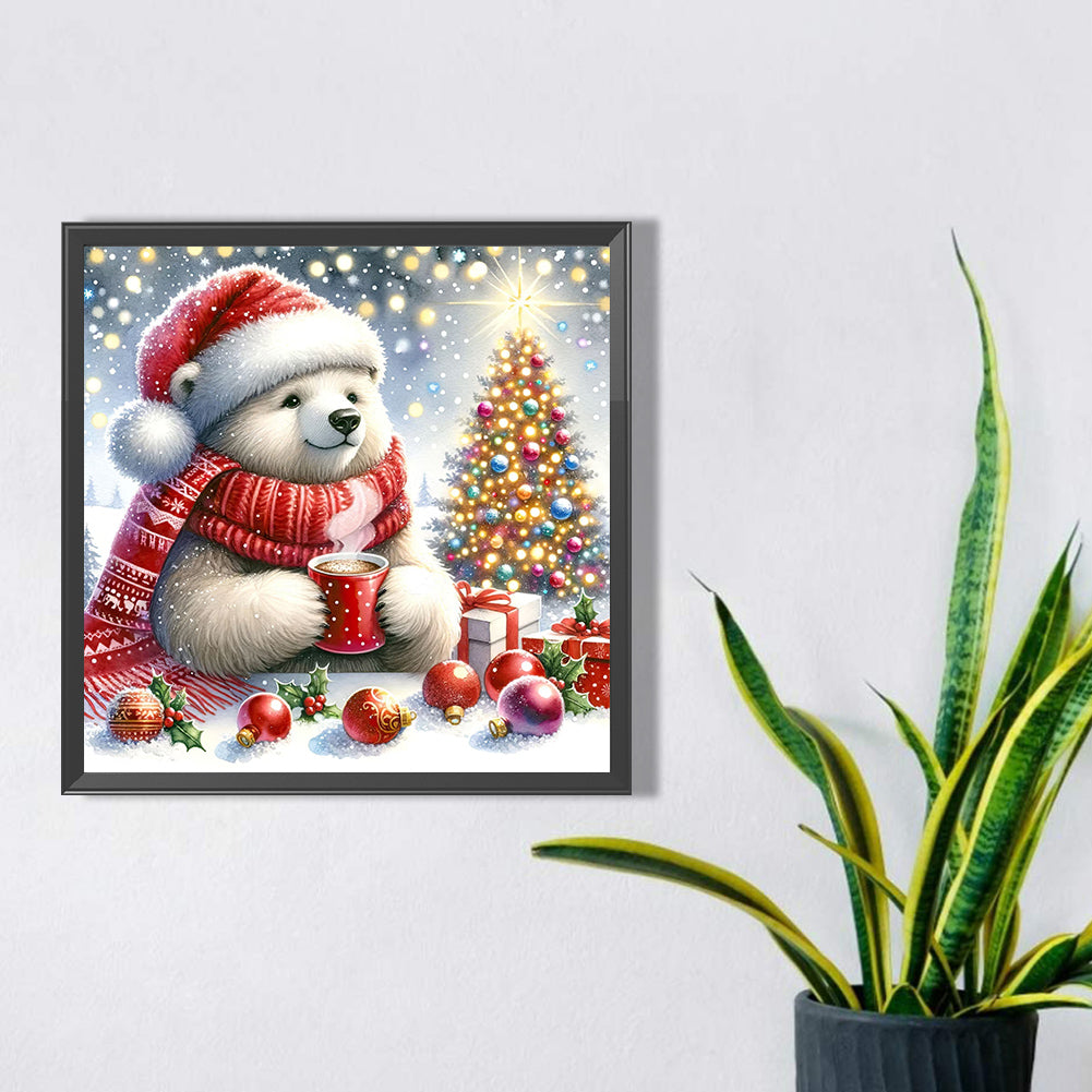 White Bear Drinking Hot Drink In Winter - Full Square Drill Diamond Painting 30*30CM