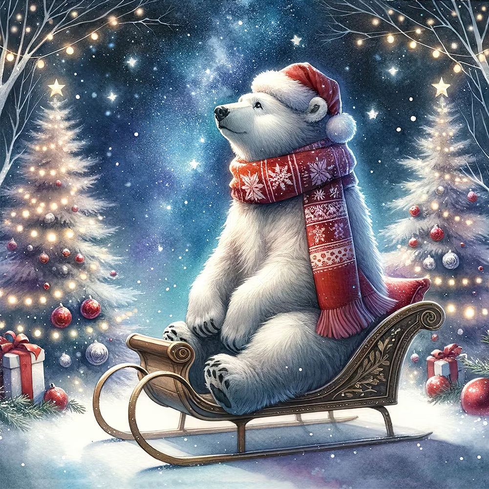 White Bear Looking At The Starry Sky In Winter - Full Square Drill Diamond Painting 30*30CM