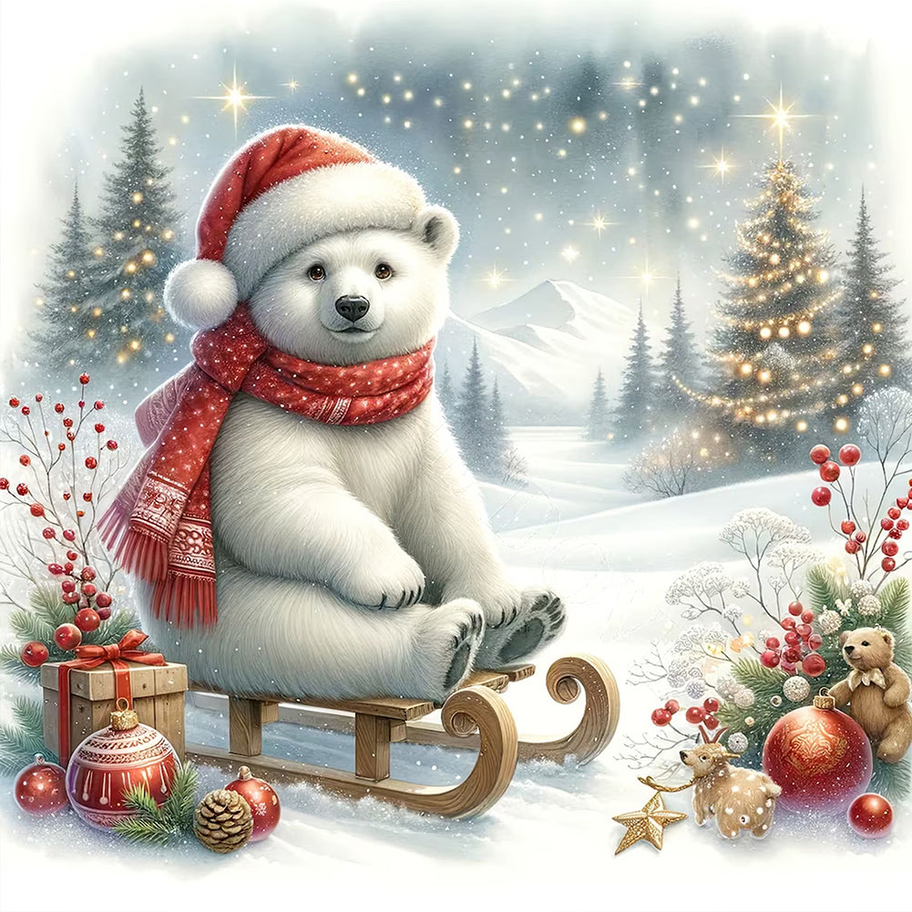 White Bear On Sleigh In Winter - Full Square Drill Diamond Painting 30*30CM