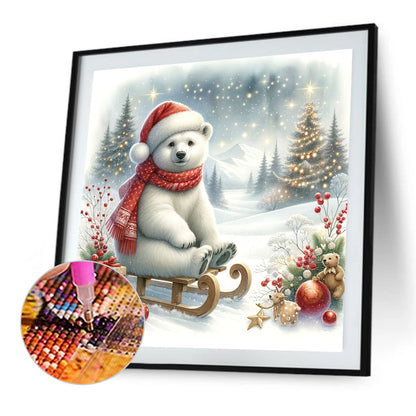 White Bear On Sleigh In Winter - Full Square Drill Diamond Painting 30*30CM