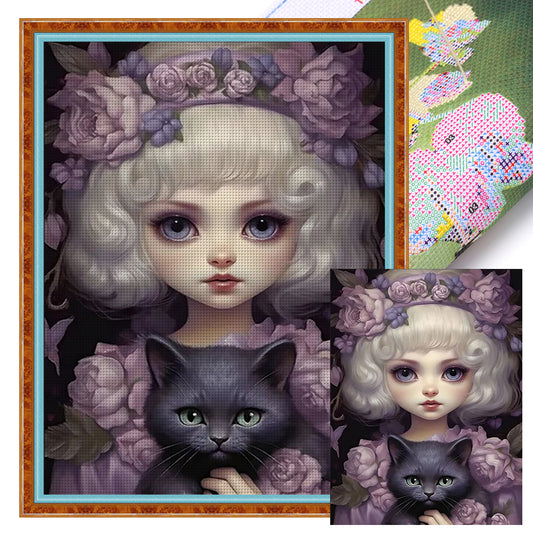 Doll Girl And Black Cat - 14CT Stamped Cross Stitch 45*60CM(Joy Sunday)
