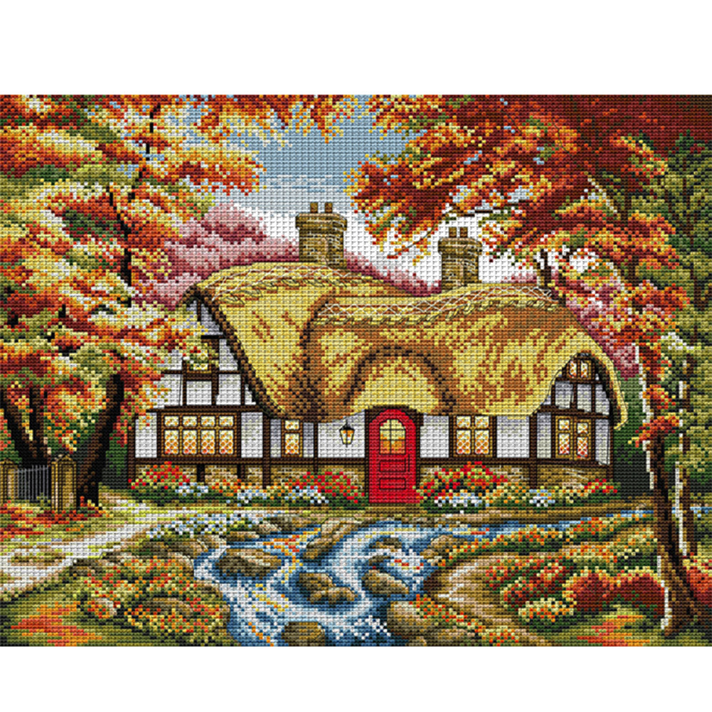 Autumn At The Creekside Cabin - 14CT Stamped Cross Stitch 43*36CM(Joy Sunday)