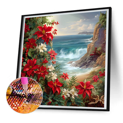Red Flower Waves - Full Round Drill Diamond Painting 30*30CM
