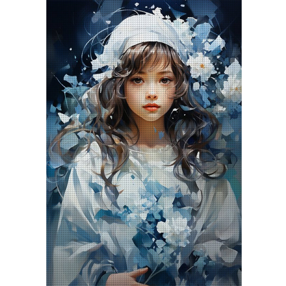 Blue And White Flower Girl - 11CT Stamped Cross Stitch 40*60CM(Joy Sunday)