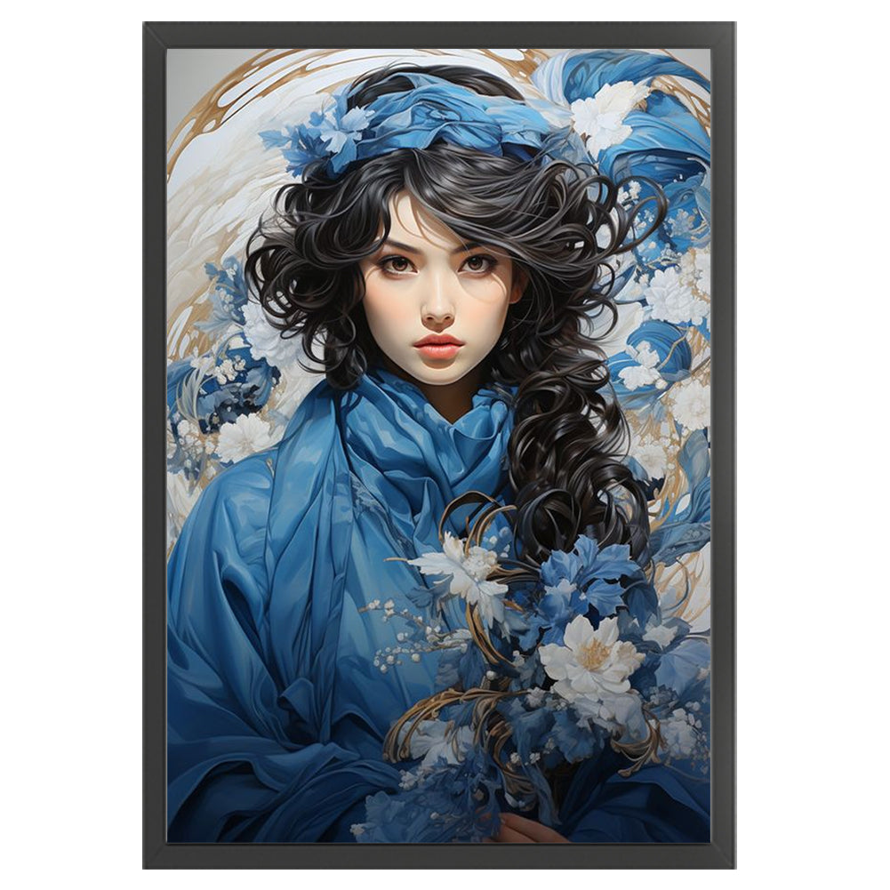 Blue And White Flower Girl - 11CT Stamped Cross Stitch 40*60CM(Joy Sunday)