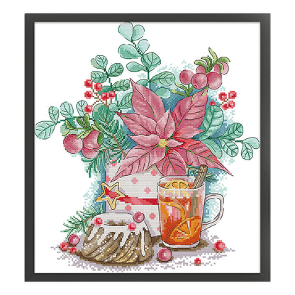 Christmas Red Flower Lemon Tea - 14CT Stamped Cross Stitch 32*36CM