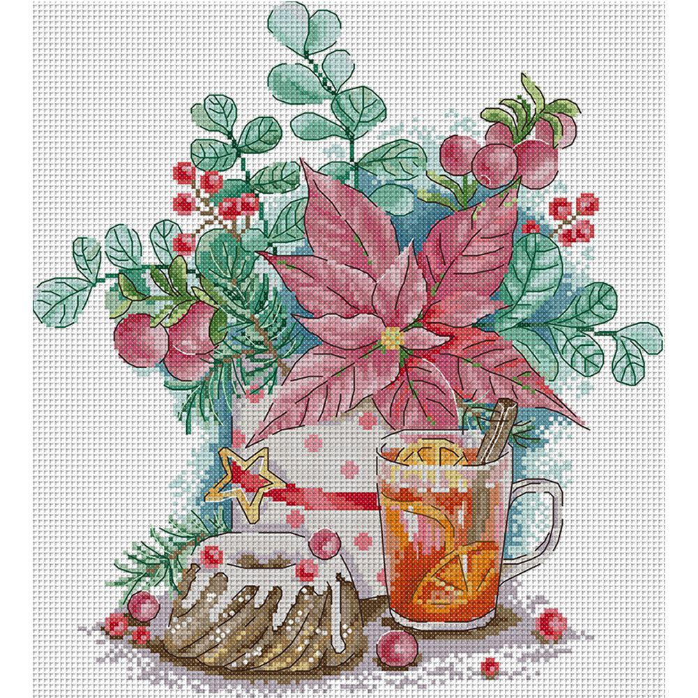 Christmas Red Flower Lemon Tea - 14CT Stamped Cross Stitch 32*36CM