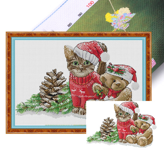 Christmas Kitten And Bear - 14CT Stamped Cross Stitch 42*30CM(Joy Sunday)