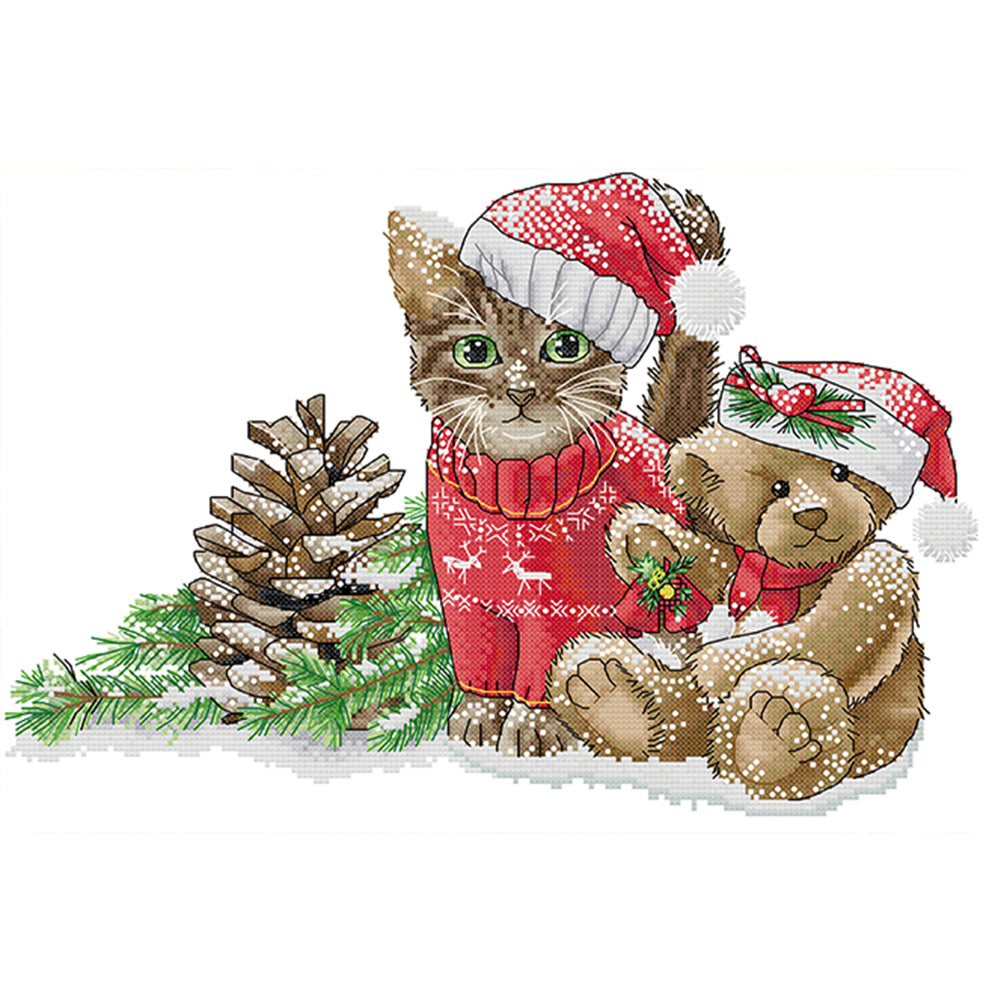 Christmas Kitten And Bear - 14CT Stamped Cross Stitch 42*30CM(Joy Sunday)