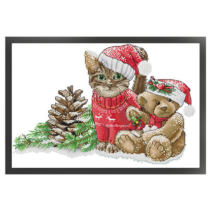 Christmas Kitten And Bear - 14CT Stamped Cross Stitch 42*30CM(Joy Sunday)