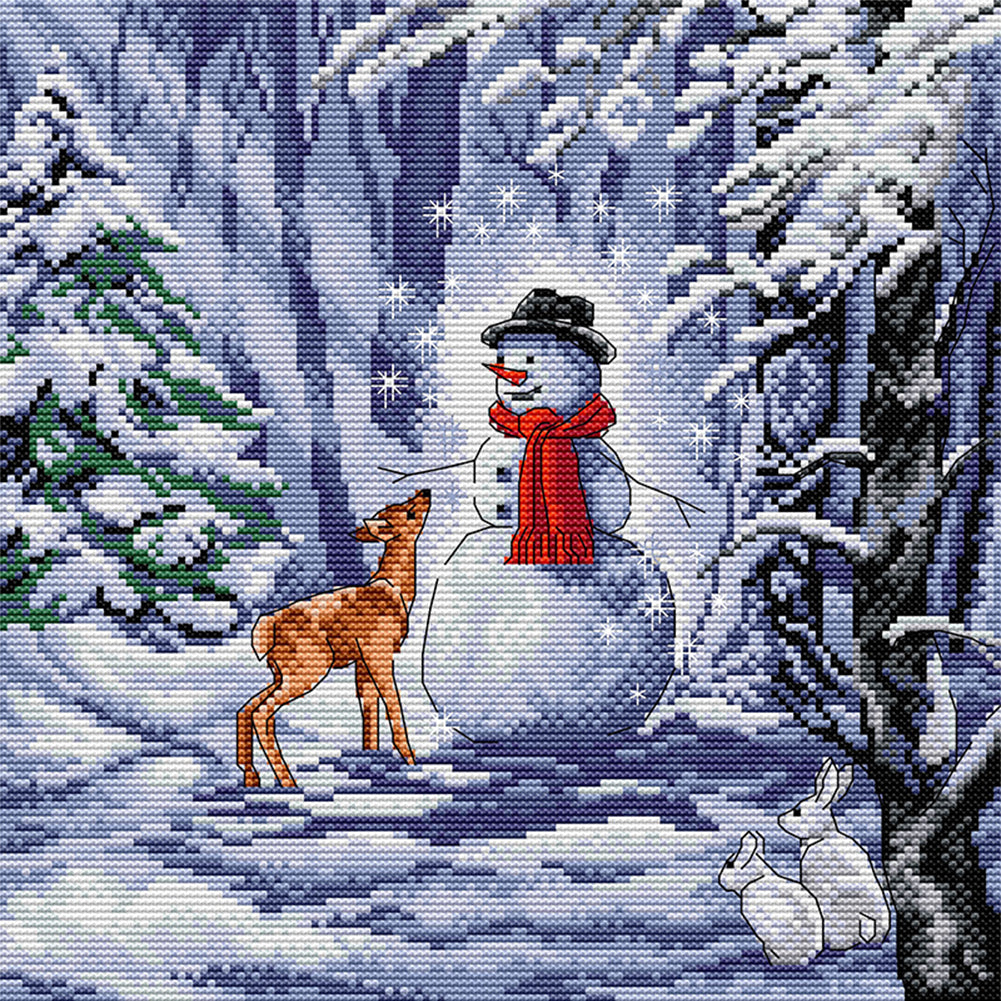 Snowman And Deer - 14CT Stamped Cross Stitch 32*32CM(Joy Sunday)