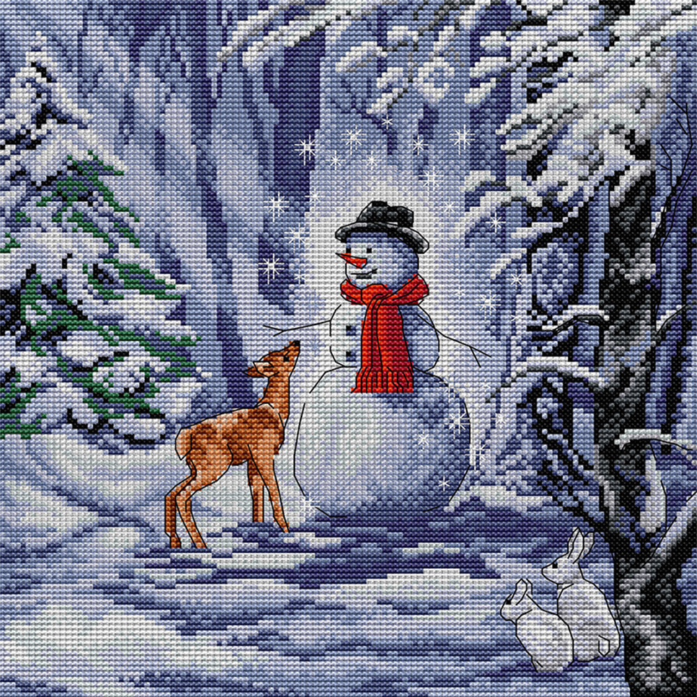 Snowman And Deer - 14CT Stamped Cross Stitch 32*32CM(Joy Sunday)