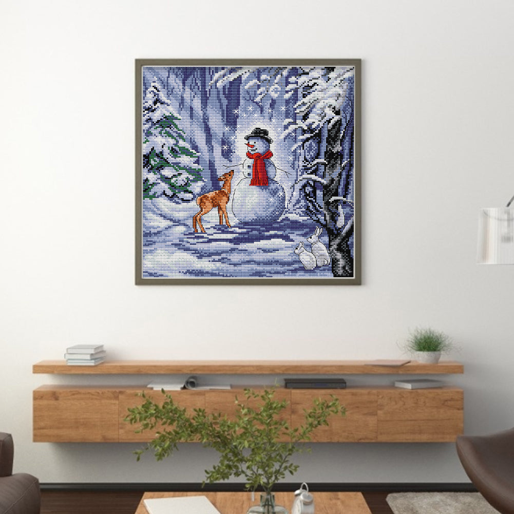 Snowman And Deer - 14CT Stamped Cross Stitch 32*32CM(Joy Sunday)