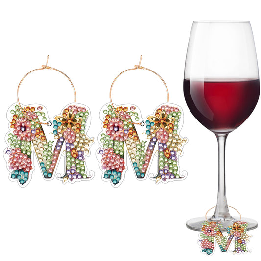 2 PCS Letter M Diamond Wine Glass Charms Diamond Painting Drink Markers Tags