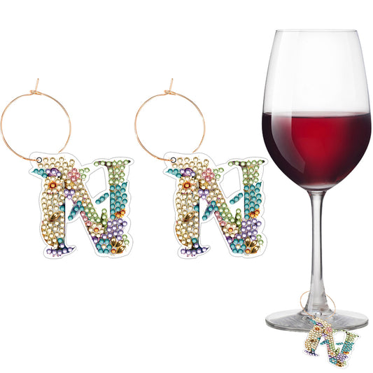 2 PCS Letter N Diamond Wine Glass Charms Diamond Painting Drink Markers Tags