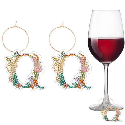 2 PCS Letter Q Diamond Wine Glass Charms Diamond Painting Drink Markers Tags