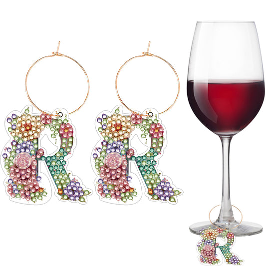 2 PCS Letter R Diamond Wine Glass Charms Diamond Painting Drink Markers Tags