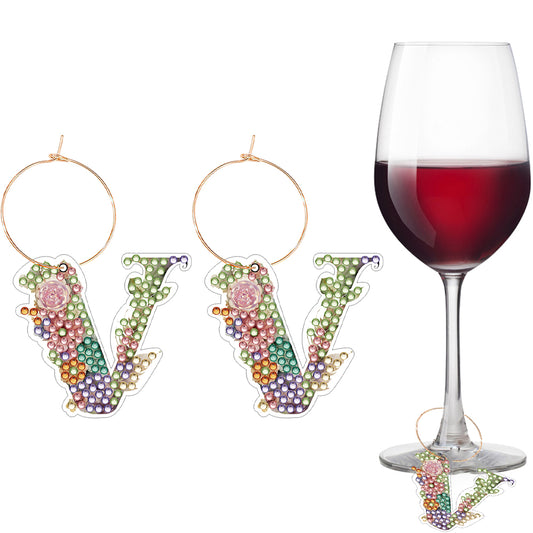 2 PCS Letter V Diamond Wine Glass Charms Diamond Painting Drink Markers Tags