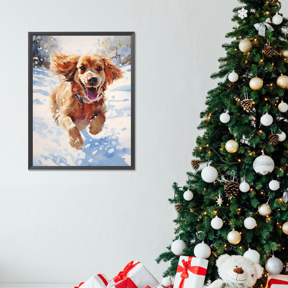 Little Golden Retriever In The Snow - Full Round Drill Diamond Painting 30*40CM