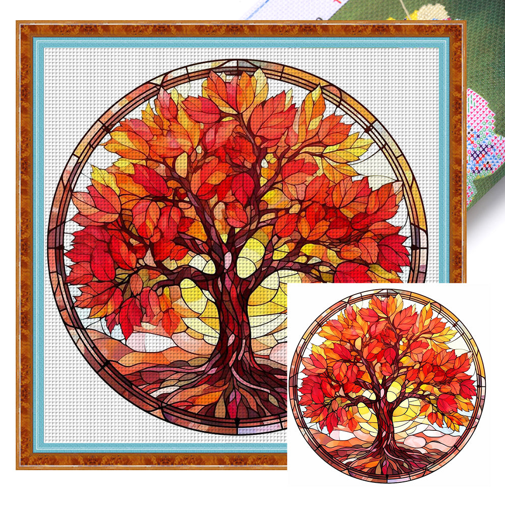 Glass Painting-Maple Tree - 14CT Stamped Cross Stitch 40*40CM(Joy Sunday)