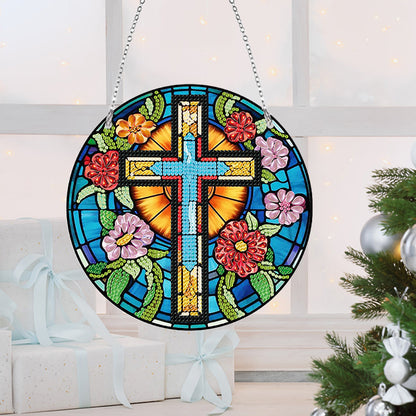 Acrylic Flower Cross Single-Sided Round Diamond Painting Hanging Pendant 20x20cm