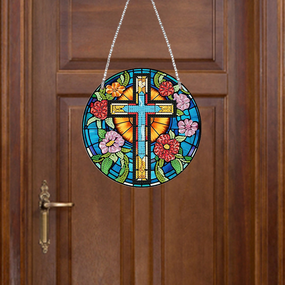 Acrylic Flower Cross Single-Sided Round Diamond Painting Hanging Pendant 20x20cm