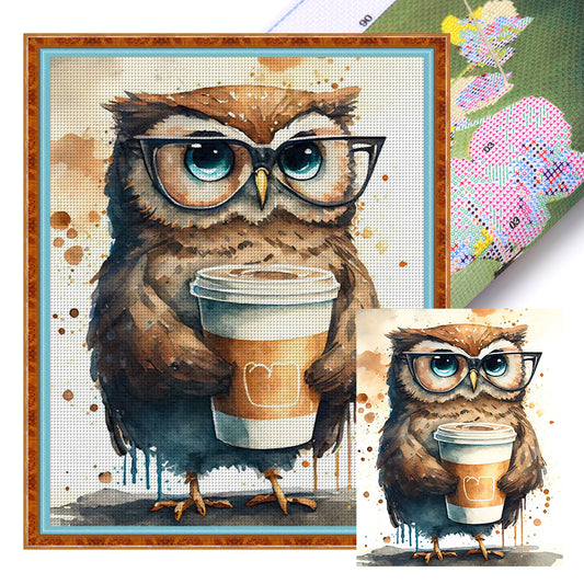 Owl Drinking Coffee - 11CT Stamped Cross Stitch 40*50CM