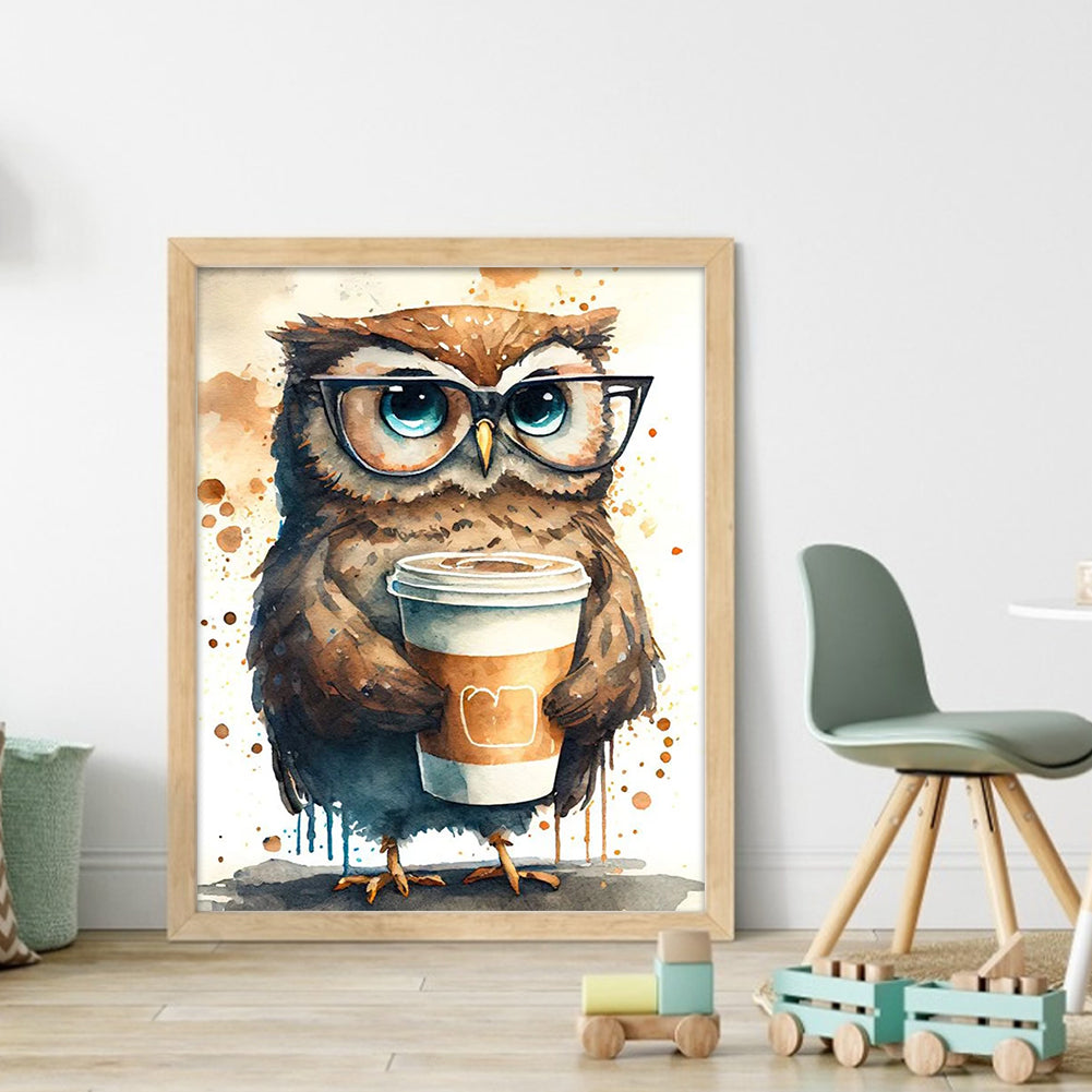 Owl Drinking Coffee - 11CT Stamped Cross Stitch 40*50CM