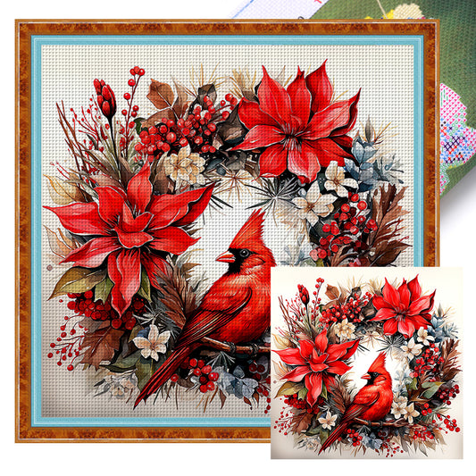 Cardinal Wreath - 18CT Stamped Cross Stitch 30*30CM