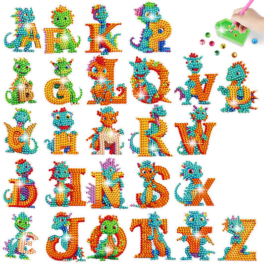 26 PCS Diamond Painting Sticker Gem Sticker for Boy Gift (26 Letter Dinosaur)