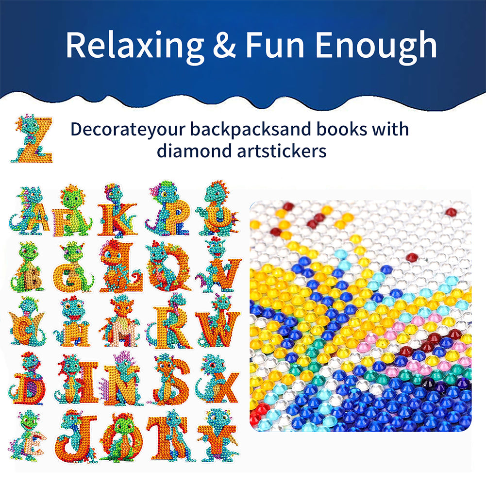 26 PCS Diamond Painting Sticker Gem Sticker for Boy Gift (26 Letter Dinosaur)