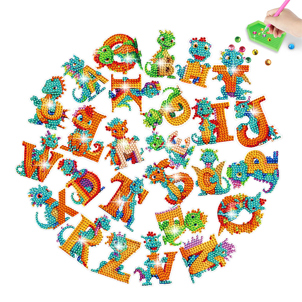 26 PCS Diamond Painting Sticker Gem Sticker for Boy Gift (26 Letter Dinosaur)