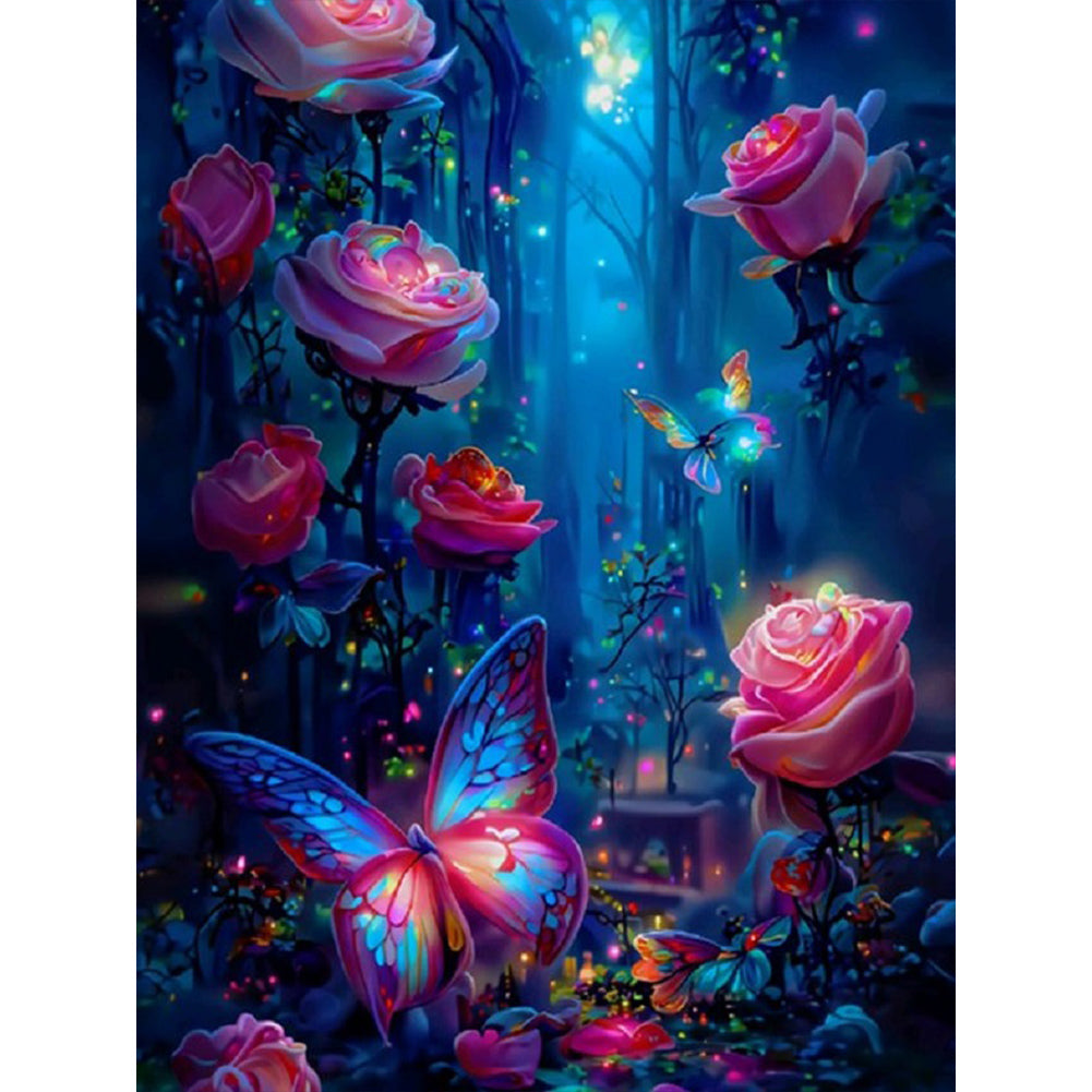 Luminous Rose Forest With Butterflies - Full Round Drill Diamond Painting 35*45CM