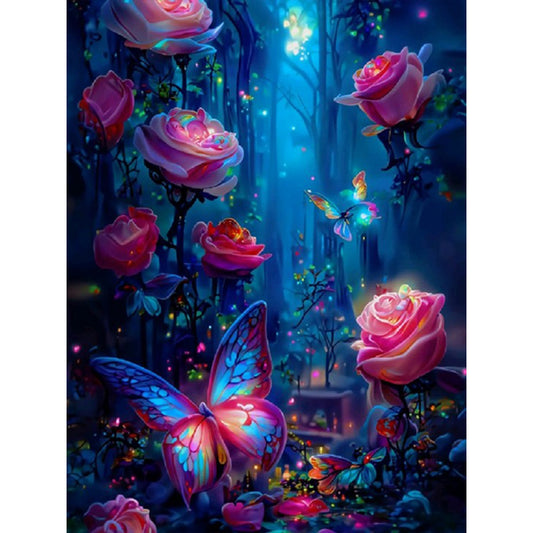 Luminous Rose Forest With Butterflies - Full Round Drill Diamond Painting 35*45CM