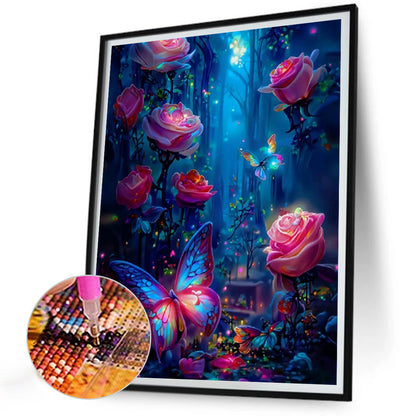 Luminous Rose Forest With Butterflies - Full Round Drill Diamond Painting 35*45CM