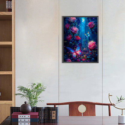Luminous Rose Forest With Butterflies - Full Round Drill Diamond Painting 35*45CM