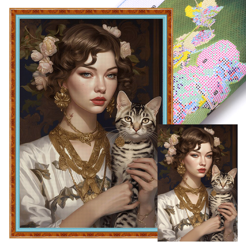 Girl And Cat - 11CT Stamped Cross Stitch 45*65CM