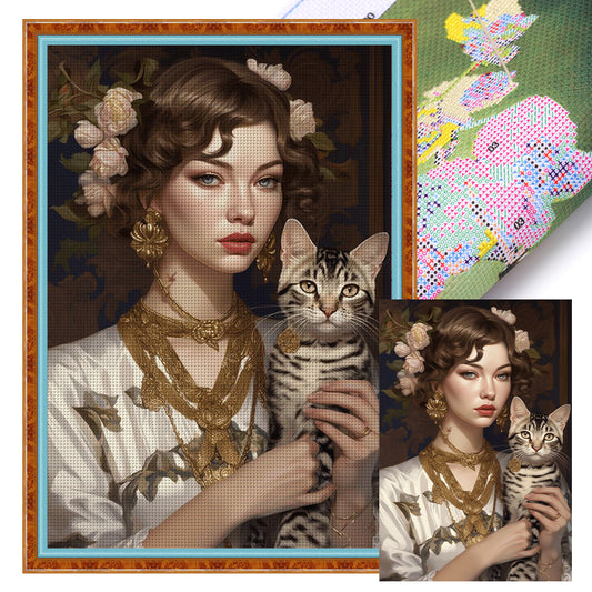 Girl And Cat - 11CT Stamped Cross Stitch 45*65CM