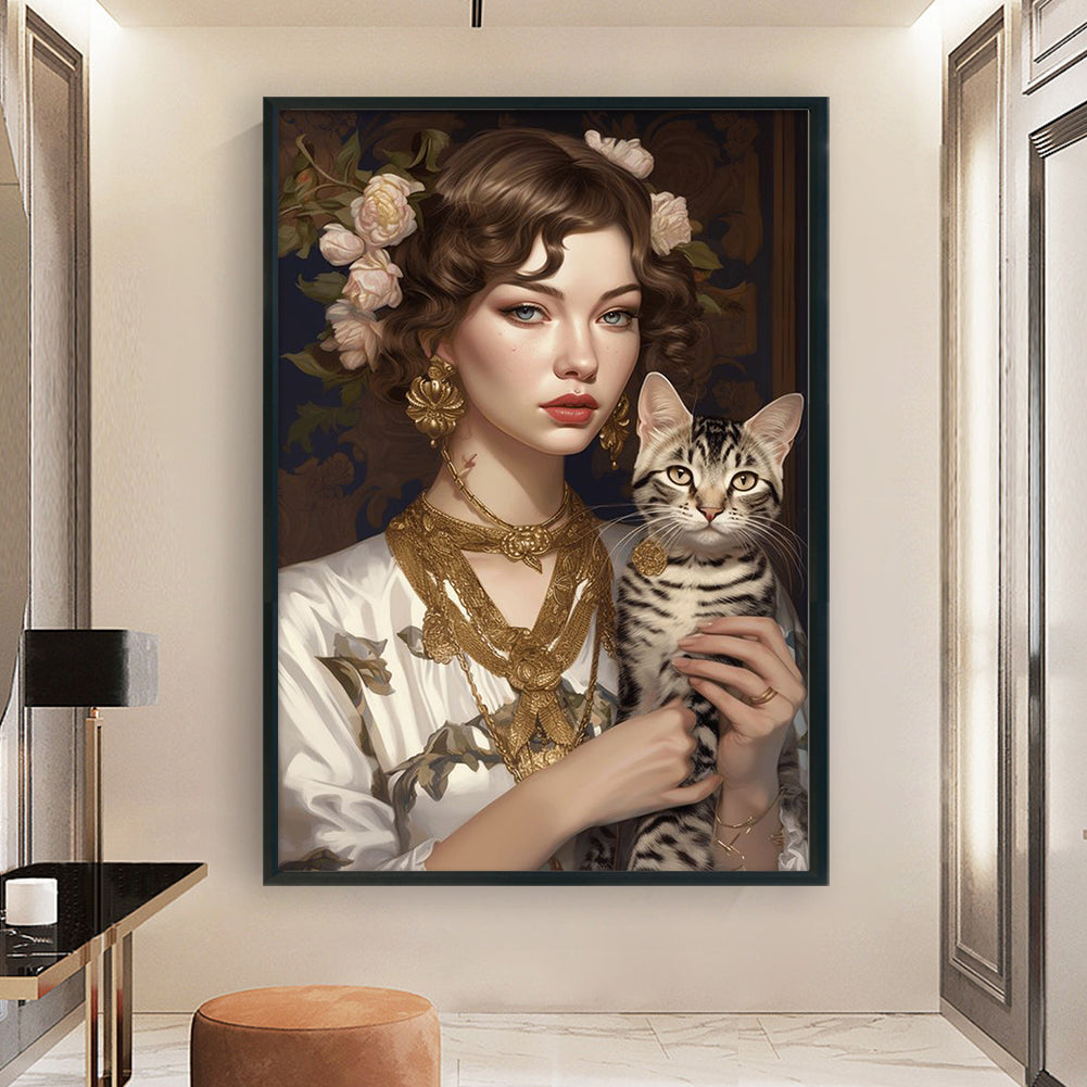 Girl And Cat - 11CT Stamped Cross Stitch 45*65CM