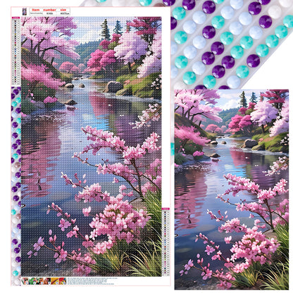 Peach Trees By The Lake - Full Round Drill Diamond Painting 40*70CM