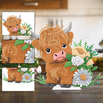 Highland Cattle Round Diamond Painting Desktop Ornaments Kit for Office Decor