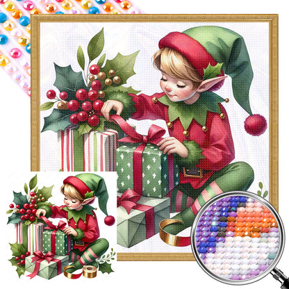 Little Man Opening Gifts - Full AB Round Drill Diamond Painting 30*30CM