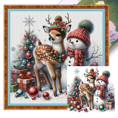 Snowman And Deer - 18CT Stamped Cross Stitch 30*30CM