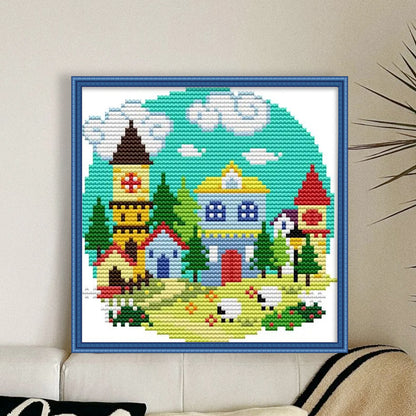 Spring Village - 14CT Stamped Cross Stitch 16*16CM(Joy Sunday)