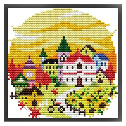 Autumn Village - 14CT Stamped Cross Stitch 16*16CM(Joy Sunday)