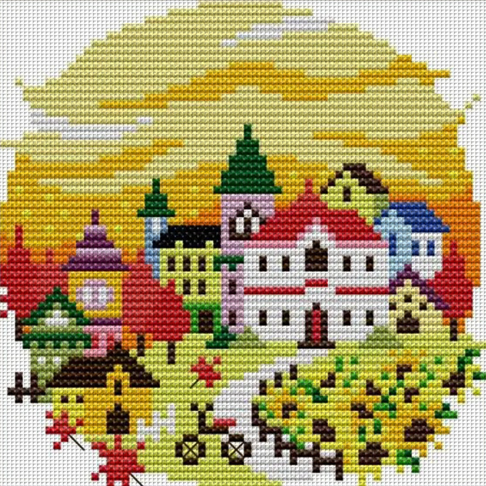 Autumn Village - 14CT Stamped Cross Stitch 16*16CM(Joy Sunday)