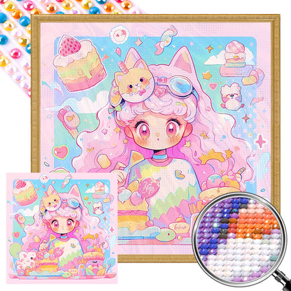 Pink-Haired Girl With Cat Ears And Dessert - Full AB Round Drill Diamond Painting 40*40CM