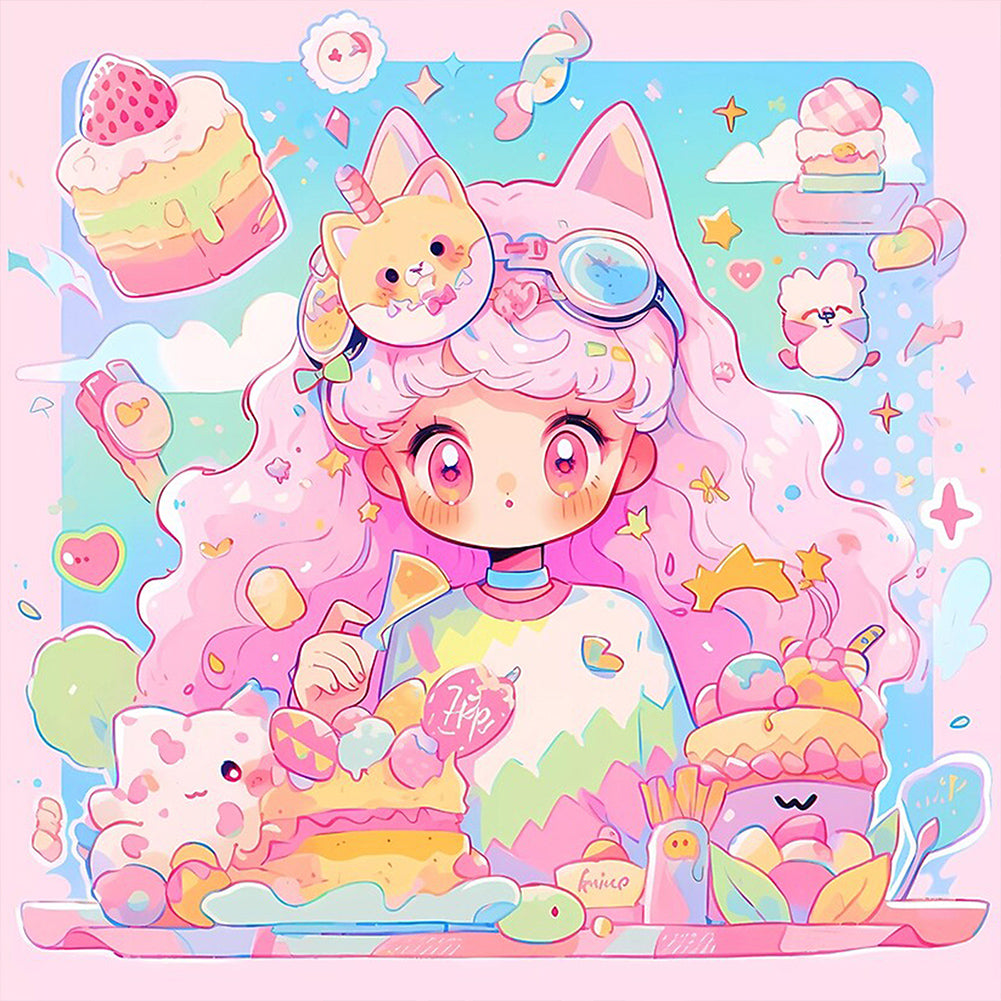 Pink-Haired Girl With Cat Ears And Dessert - Full AB Round Drill Diamond Painting 40*40CM