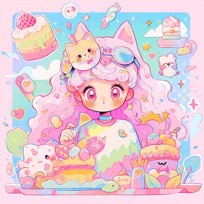 Pink-Haired Girl With Cat Ears And Dessert - Full AB Round Drill Diamond Painting 40*40CM